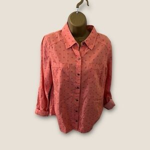 Como Vintage Button Front Long Sleeve Shirt Floral Motif Peach Small